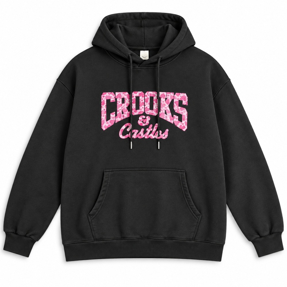 Crooks & Castles Womens Black Hoodie Pink Camo Logo Pullover Sweatshirt Small